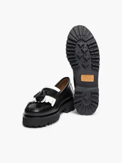 G.H.BASS Weejuns 90S Esther Kiltie Tassel Loafers Black & White Clearance